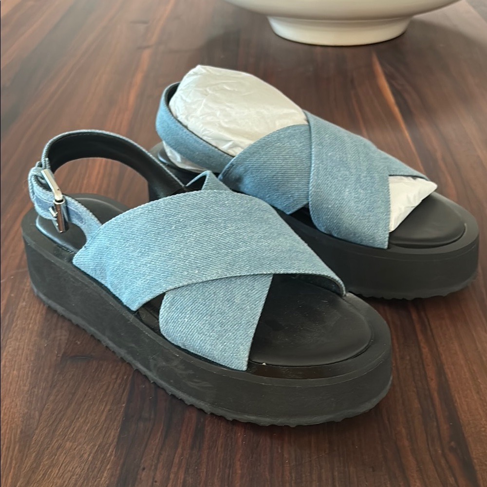 Anthropology Maeve Blue Denim Platform Sandals